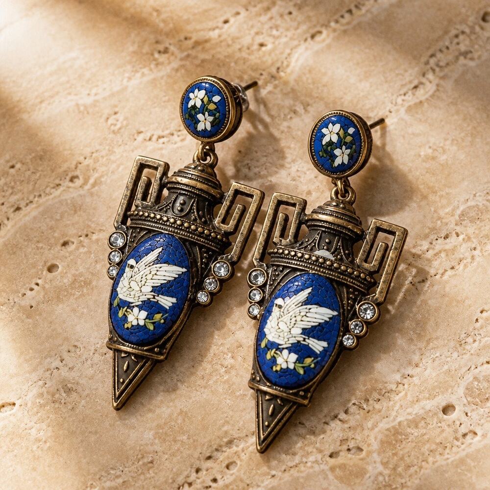 Vintage Signed Kenneth Jay Lane Lapis Blue Etruscan Revival Dove Earrings 1.5 in